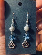 Load image into Gallery viewer, Helena Huskies paw print sports fan earrings withchoice of crystal or pearl bead in team colors
