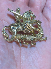 Load image into Gallery viewer, St. George and the Dragon medieval knight goldtone brooch
