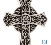 Load image into Gallery viewer, Celtic cross silvertone floral earrings with black bead Christian faith jewelry
