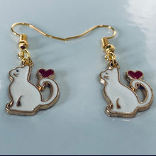 Load image into Gallery viewer, Black Cat or White Cat with heart enamel charm earrings 3 styles cat lover cat lady gift
