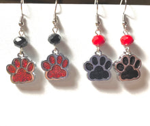 Load image into Gallery viewer, Paw print sports fan earrings: Tigers, Lions, Bulldogs, Wildcats, Huskies, Panthers, Jaguars: choice of team color with or without crystal bead.

