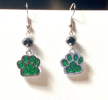 Load image into Gallery viewer, Pelham Panthers sports fan green and black paw print earrings
