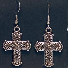 Load image into Gallery viewer, Antique silvertone floral Mexican style Talavera cross
