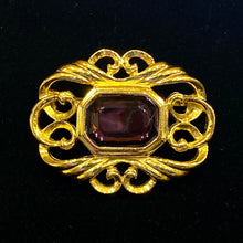 Load image into Gallery viewer, Vintage Avon Fashion Accents Victorian Art Nouveau Renaissance ornate gold filigree brooch w purple stone
