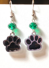 Load image into Gallery viewer, Pelham Panthers sports fan green and black paw print earrings

