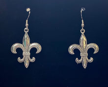 Load image into Gallery viewer, Fleur-de-lis large beaded edge earring in goldtone or silvertone w/ optional 8mm crystal or gemstone bead French symbol New Orleans Saints sports fan
