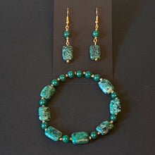 Load image into Gallery viewer, African turquoise and dark green mountain jade goldtone bracelet &amp; earrings set
