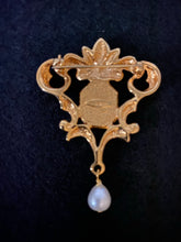 Load image into Gallery viewer, Vintage Avon Victorian Art Nouveau Renaissance ornate gold filigree onyx brooch w freshwater pearl dangle la
