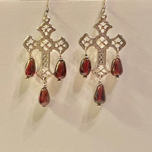 Load image into Gallery viewer, Garnet and gold or silver filigree cross earrings with sterling or 14k gold-filled earwires
