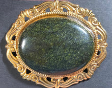 Load image into Gallery viewer, Huge goldtone brooch with serpentine gemstone cabochon

