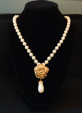 Load image into Gallery viewer, Vintage Avon Summerset Tudor Rose Gripoix gold and faux pearl necklace
