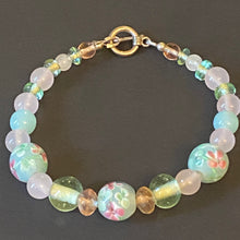 Load image into Gallery viewer, Dreams of Spring rose quartz and floral lampwork glass bead bracelet
