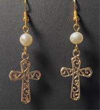 Load image into Gallery viewer, Freshwater pearl and goldtone filigree cross earrings Christian faith jewelry
