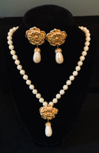 Load image into Gallery viewer, Vintage Avon Summerset Tudor Rose Gripoix gold and faux pearl necklace
