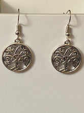Load image into Gallery viewer, Celtic Tree of Life triquetra family tree silvertone earrings World Tree Yggdrasil
