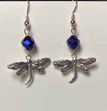 Load image into Gallery viewer, Dragonfly earrings in silvertone or goldtone with gemstone or crystal bead
