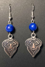 Load image into Gallery viewer, Silvertone Middle Eastern Mendhi earrings with 8mm lapis jasper bead
