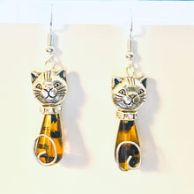 Load image into Gallery viewer, Tortoiseshell Cat: silvertone and amber/black Czech glass teardrop cat earrings
