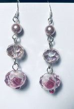 Load image into Gallery viewer, La Vie En Rose pink pearl, crystal, and glass rose bead earrings

