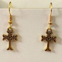 Load image into Gallery viewer, Celtic cross dainty silvertone or goldtone earrings with optional gemstone bead
