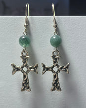 Load image into Gallery viewer, Antique silver pewter woven Celtic knotwork cross earrings w/optional gemstone bead
