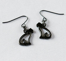 Load image into Gallery viewer, Cat Silhouette: silvertone, goldtone , or black cat earrings - cat mom cat lover gift
