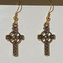 Load image into Gallery viewer, Celtic cross earrings in goldtone or silvertone w/ optional gemstone bead
