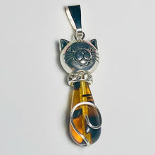 Load image into Gallery viewer, Cat Pendant: silvertone and Czech glass teardrop cat pendant with leather cord or silvertone chain
