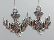 Load image into Gallery viewer, Flower of Scotland: Scottish thistle silvertone Celtic earrings Sassenach Outlander fan gift jewelry (w/ optional crystal or pearl bead)
