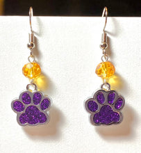Load image into Gallery viewer, Paw print sports fan earrings: Tigers, Lions, Bulldogs, Wildcats, Huskies, Panthers, Jaguars: choice of team color with or without crystal bead.
