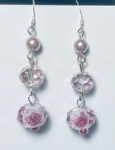 Load image into Gallery viewer, La Vie En Rose pink pearl, crystal, and glass rose bead earrings
