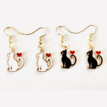 Load image into Gallery viewer, Black Cat or White Cat with heart enamel charm earrings 3 styles cat lover cat lady gift
