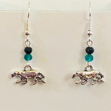 Load image into Gallery viewer, Panther Pride - Pelham Panthers sports fan small silvertone panther earrings with green and black crystal beads
