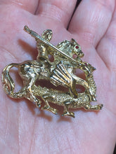 Load image into Gallery viewer, St. George and the Dragon medieval knight goldtone brooch
