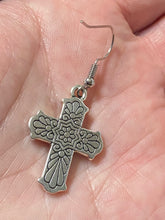Load image into Gallery viewer, Antique silvertone floral Mexican style Talavera cross
