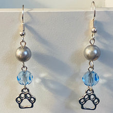 Load image into Gallery viewer, Helena Huskies paw print sports fan earrings withchoice of crystal or pearl bead in team colors
