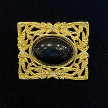 Load image into Gallery viewer, Vintage Gilded Age Victorian Art Nouveau ornate gold filigree onyx brooch
