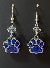 Load image into Gallery viewer, Paw print sports fan earrings: Tigers, Lions, Bulldogs, Wildcats, Huskies, Panthers, Jaguars: choice of team color with or without crystal bead.
