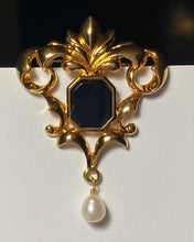 Load image into Gallery viewer, Vintage Avon Victorian Art Nouveau Renaissance ornate gold filigree onyx brooch w freshwater pearl dangle la
