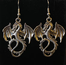 Load image into Gallery viewer, Flying dragon earrings in gold, bronze, or silver: UAB Blazers, Game of Thrones fantasy creatures, sports fan jewelry
