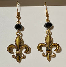 Load image into Gallery viewer, Fleur-de-lis earring in antique goldtone or silvertone w/ optional 8mm crystal or gemstone bead French symbol New Orleans Saints sports fan
