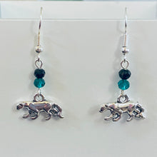 Load image into Gallery viewer, Panther Pride - Pelham Panthers sports fan small silvertone panther earrings with green and black crystal beads
