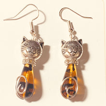 Load image into Gallery viewer, Tortoiseshell Cat: silvertone and amber/black Czech glass teardrop cat earrings
