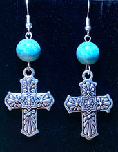Load image into Gallery viewer, Antique silvertone floral Mexican style Talavera cross
