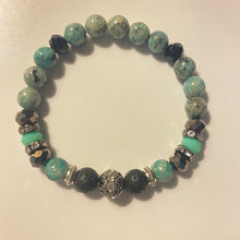 Load image into Gallery viewer, Bracelet - sesame jasper w gunmetal and mint green crystal rondelles, and rhinestone pavé center bead
