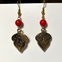 Load image into Gallery viewer, Goldtone Middle Eastern Mendhi earrings with 7mm bamboo coral bead
