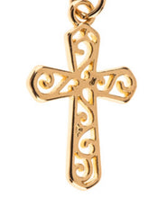 Load image into Gallery viewer, Freshwater pearl and goldtone filigree cross earrings Christian faith jewelry
