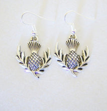 Load image into Gallery viewer, Flower of Scotland: Scottish thistle silvertone Celtic earrings Sassenach Outlander fan gift jewelry (w/ optional crystal or pearl bead)
