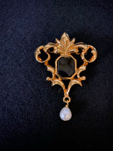 Load image into Gallery viewer, Vintage Avon Victorian Art Nouveau Renaissance ornate gold filigree onyx brooch w freshwater pearl dangle la
