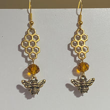 Load image into Gallery viewer, Bee Golden:  goldtone honeybee earrings with citrine crystal bead beekeeper apiculture bee lover gift
